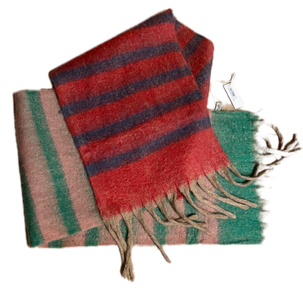 Red Cuckoo Striped Green & Red Fringe Scarf
